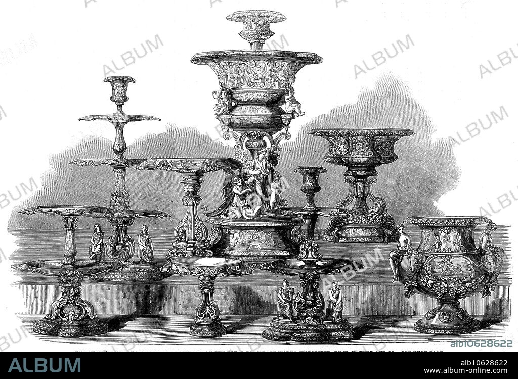 The International Exhibition: the Queen's Dessert Service, manufactured at the Royal Porcelain Works, Worcester, by W. H. Kerr, 1862. 'This costly service...is unique in its application of colour to enamels, enamel decoration to a service, and the general treatment of the design...the costliness and difficulty of production was immensely increased by no device being repeated, while each plate contains five subjects, and for the plates alone upwards of four hundred designs have been made. Painted enamels, ever since their introduction in the fifteenth century, have been greatly esteemed, and have been eagerly sought after by collectors and connoisseurs, the relief character of the painting bringing about a combination of the arts of modelling and painting...The whole of this service, we are led to understand, was produced under the immediate approval of the late Prince Consort, and the design for each article was submitted before being modelled. His late Royal Highness took the deepest interest in encouraging this manufacture'. From "Illustrated London News", 1862.