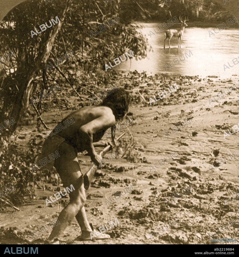 Indian with gun stalking a buck, which is standing in water.