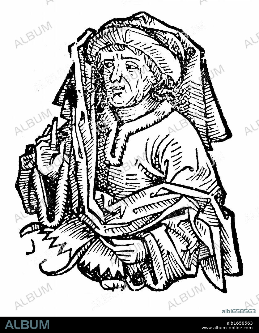 Averroes (Ibn Rushd) 1126-1198 full name Abu Al-Walid Muhammad Ibn Ahmad Ibn Muhammad Ibn Rushd, eminent medieval Islamic philosopher, native of Cordova. Wrote Commentaries on Aristotle's works and Plato's Republic. Woodcut from Hartmann Schedel Liber.