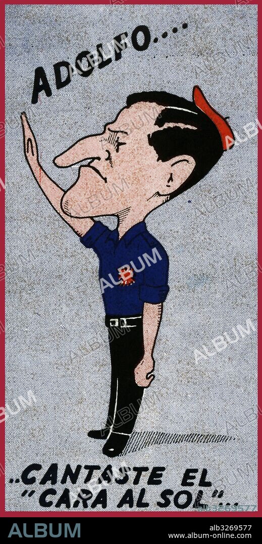 España. Cartel de propaganda política con la caricatura de Adolfo Suárez vistiendo el uniforme de Falange Española. Años 1975.