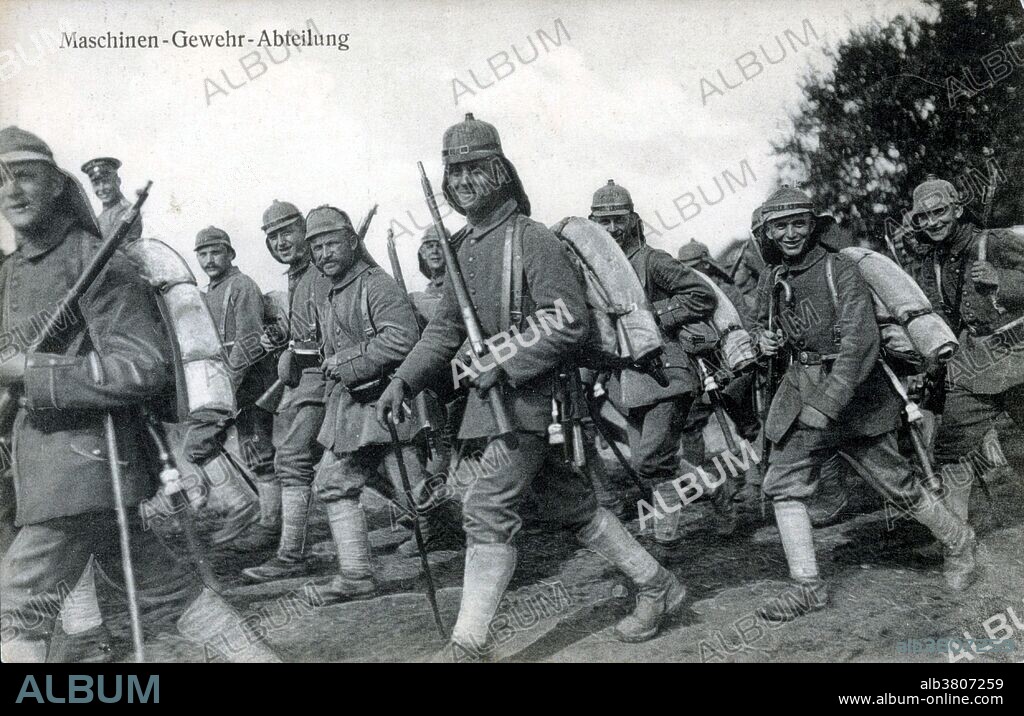 German machine gun department. The Maschinengewehr 08, or MG 08, was the German Army's standard machine gun in WWI and is an adaption of Hiram S. Maxim's original 1884 Maxim gun. When the war began in August 1914, approximately 12,000 MG 08s were available to battlefield units. In 1914 some 200 MG 08s were produced each month By 1916, once the weapon had established itself as the pre-eminent defensive battlefield weapon, the number had increased to 3,000 and a year later to 14,400 per month. No date, location or photographer information given on postcard.