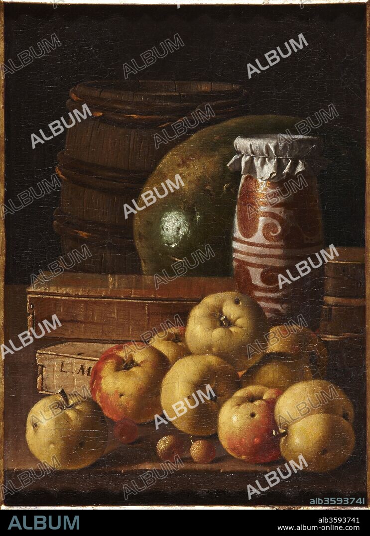LUIS MELÉNDEZ. Still life with apples, strawberries, watermelon, box of sweets, jar of honey and barrel.