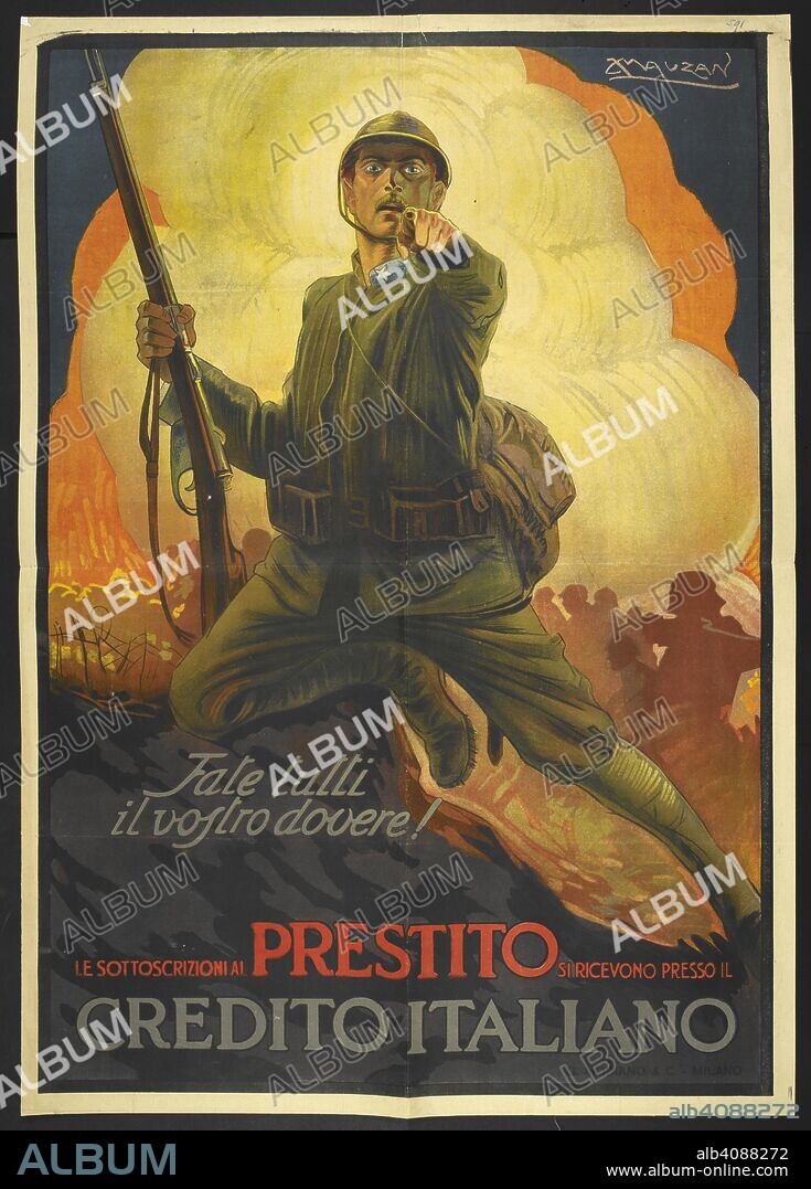 Italian government poster for the War Loan. A propaganda poster depicting a soldier, pointing. [A collection of English and French War (World War I) Posters.]. 1914-1919. Source: Tab.11748.a. poster 591.
