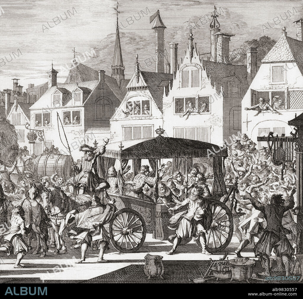 Procession of flagellants. The practice of flagellantism was prevalent in the 14th century perhaps in response to the Black Death. From an etching by Caspar Jacobsz after a work by Pernard Picart.