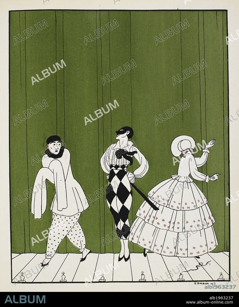 GEORGE BARBIER. Three characters from the 1910 ballet, Carnaval, composed by Robert Schumann. On the left is a mime artist. In the middle is a man, dressed in a white shirt with a black necktie and checked trousers, wearing a mask. On the right is a lady, facing backwards, wearing a white dress and bonnet, with pink embroidering and a ribbon.            . Designs on the Dances of Vaslav Nijinsky ... Foreword by Francis de Miomandre, translated from the French by C. W. Beaumont. London, Paris [printed], 1913. Source: L.R.28.a.14, plate 8.