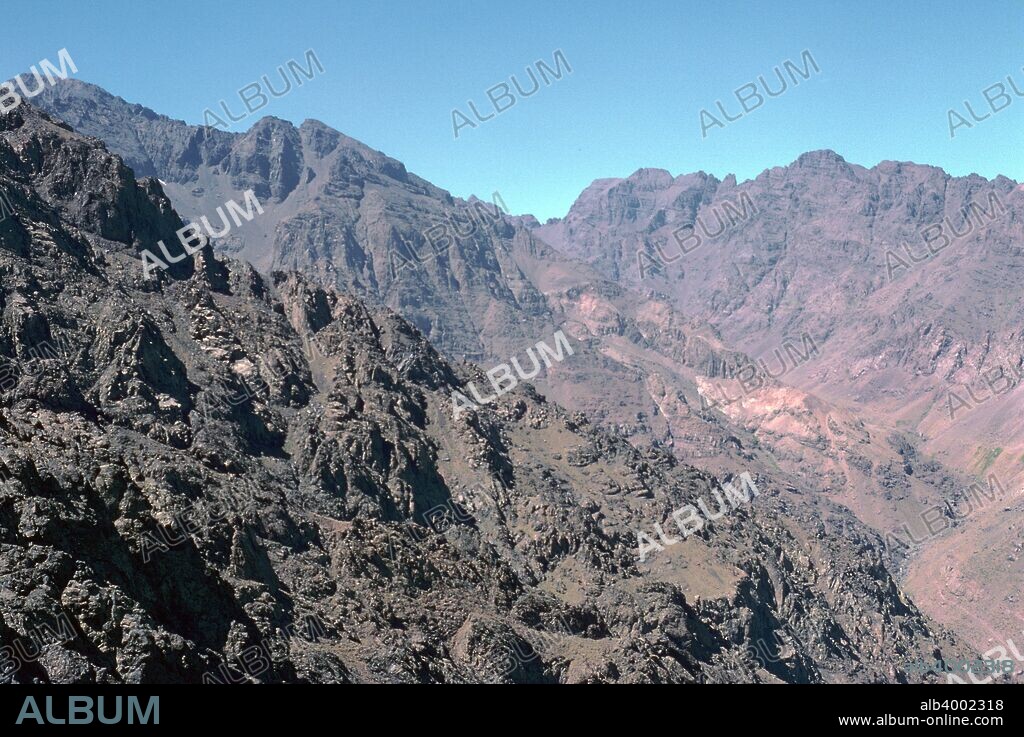 View from the pass descending to Sidi Chamharouch in Morocco, with the track to Tourkal in the far bottom right.