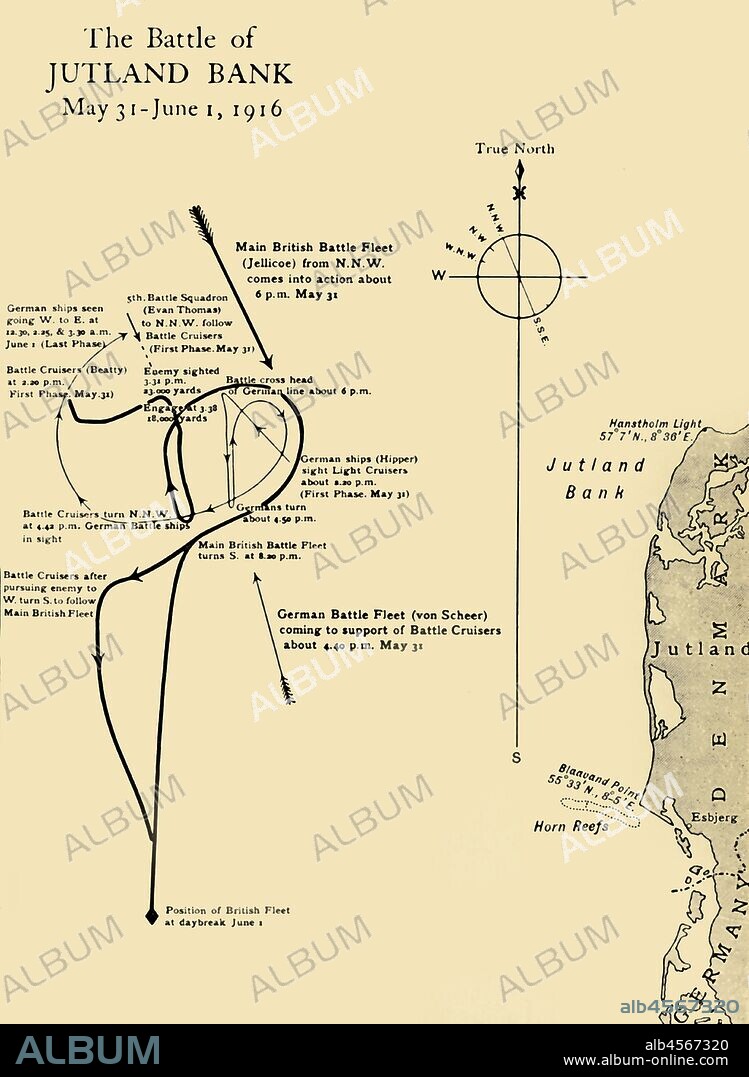 'The Battle of Jutland Bank, May 31-June 1, 1916', (c1920). 'Map showing the Approximate Positions of the British and German Fleets at Various Stages of the Battle'. The Battle of Jutland was a naval battle fought in the North Sea between the British Royal Navy Grand Fleet, under Admiral Sir John Jellicoe, and the Imperial German Navy's High Seas Fleet, under Vice-Admiral Reinhard Scheer. It was the largest naval battle of the First World War. From "The Great World War: A History", Volume IX, edited by Frank A Mumby. [The Gresham Publishing Company Ltd, London, c1920].