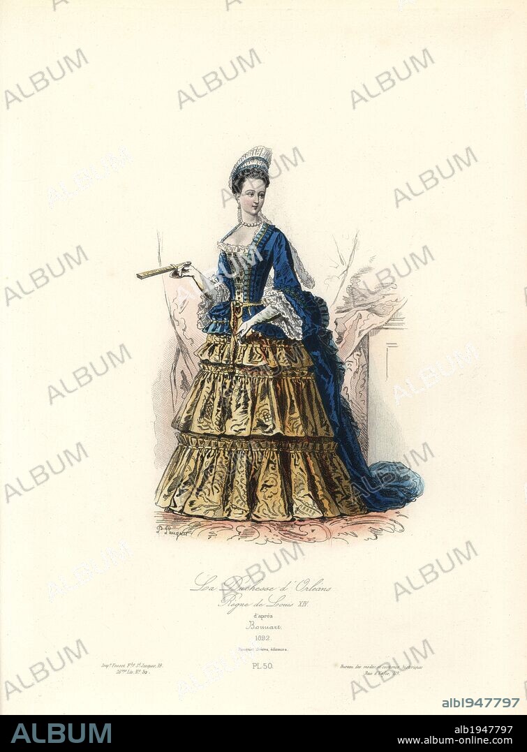 Duchess of Orleans, legitimised daughter of Louis XIV. Françoise Marie de Bourbon (1677–1749) married her first cousin Philippe d'Orléans in 1692. Handcoloured steel engraving by Polidor Pauquet after Henri Bonnart (1642-1711) from the Pauquet Brothers' "Modes et Costumes Historiques" (Historical Fashions and Costumes), Paris, 1865. Hippolyte (b. 1797) and Polydor Pauquet (b. 1799) ran a successful publishing house in Paris in the 19th century, specializing in illustrated books on costume, birds, butterflies, anatomy and natural history.
