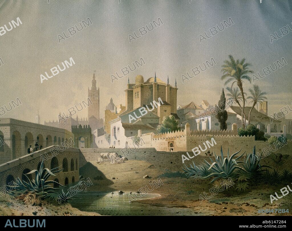 FRIEDRICH EIBNER (1826-1877). VISTA DE LOS REALES ALCAZARES Y DE LA CATEDRAL DE SEVILLA - SIGLO XIX - CROMOLITOGRAFIA.