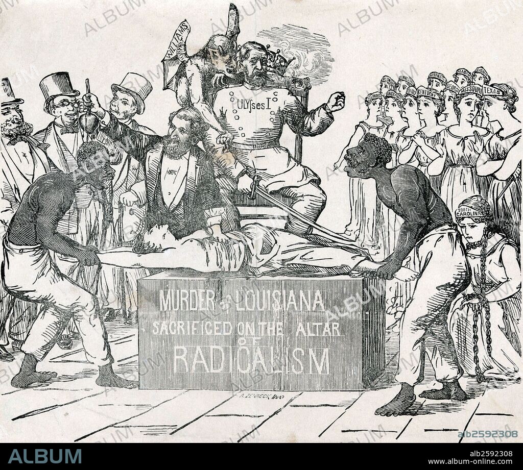 Murder of Louisiana sacrificed on the altar of radicalism' President Ulysses S. Grant and Congress turned a blind eye to the disputed 1872 election of carpetbagger William P. Kellogg as governor of Louisiana. In this scene Kellogg holds up the heart which he has just extracted from the body of the female figure of Louisiana, who is held stretched across an altar by two freedmen. Enthroned behind the altar sits Grant, holding a sword. His attorney general, George H. Williams, the winged demon perched behind him, directs his hand.