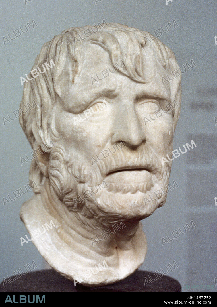 Pseudo-Seneca. Bust identified with the Roman philosopher Seneca during lot of time. It may represent the Greek poet Hesiod (ca. 700 BC). Roman copy of a lost Hellenistic sculpture. Roman bust. British Museum. London, England.