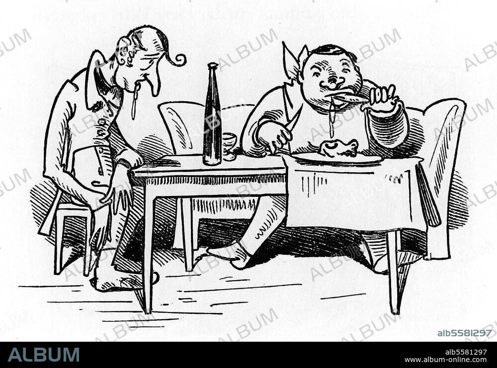 WILHELM BUSCH. Busch, Wilhelm. 1832-1908. Bildergeschichte: Der neidische Handwerksbursch. "Der Handwerksbursche unverwandt, / Vertieft sich in den Gegenstand". Holzstich.