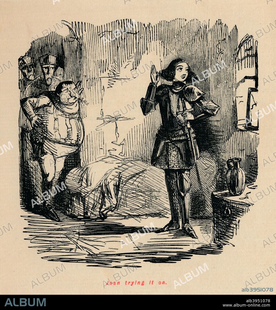 'Joan trying it on', c1860, (c1860). Joan of Arc (c1412-1431), also known as The Maid of OrlÚans. From The Comic History of England, Volume I, by Gilbert A A'Beckett [Bradbury, Agnew, & Co., London, ].