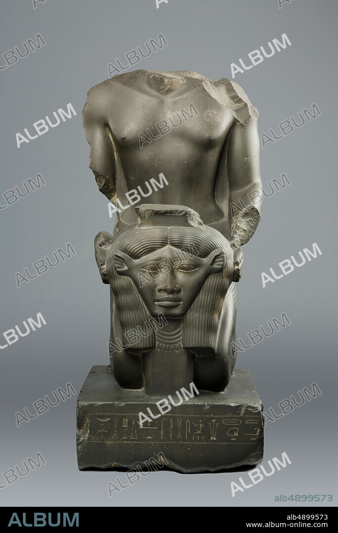 Kneeling statue of Amenemopetemhat, Late Period, Saite, Dynasty 26, reign of Psamtik I, 664610 B.C., From Egypt; Said to be from Memphite Region, Memphis (Mit Rahina), Ptah Temple, Meta-Greywacke, H. 64.5 × W. 32 × D. 40.5 cm, 101.6 kg (25 3/8 × 12 5/8 × 15 15/16 in., 224 lb.).