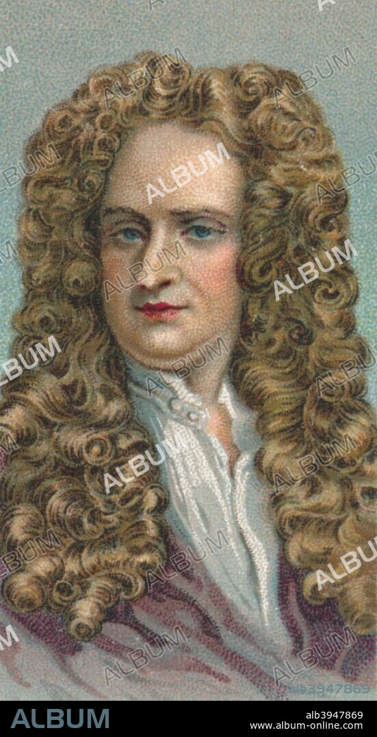 Sir Isaac Newton (1643-1727), English mathematician, astronomer and physicist, 19th century. Newton's discoveries were prolific and exerted a huge influence on science and thought. His theories of gravity and his three laws of motion were outlined in his greatest work, Philosophiae Naturalis Principia Mathematica, (1687) and he is credited with discovering differential calculus. He also formulated theories regarding optics and the nature of light that led to him building the first reflecting telescope. Knighted by Queen Anne in 1705, Newton is buried in Westminster Abbey, London. Taken from the 'Leaders of Men' cigarette cards produced by Ogdens 1924.