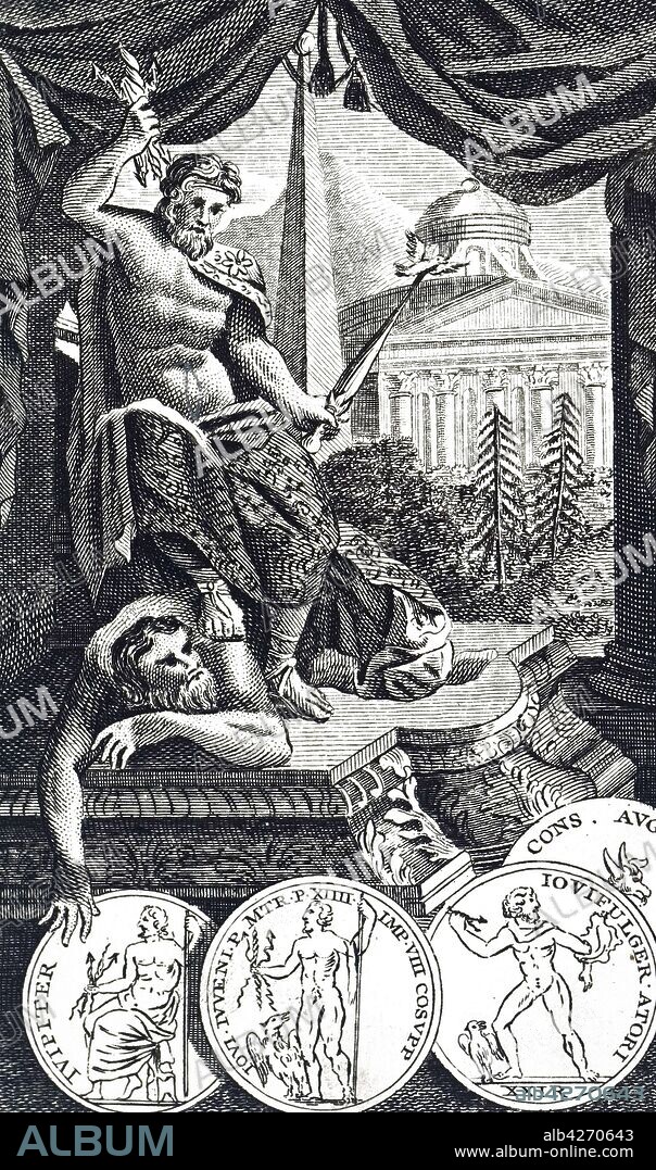 Engraving depicting Jupiter (or Jove) the supreme Roman God (Zeus of the Greeks), son of Saturn (Greek Cronus) who he is dethroning. Lord of heaven and bringer of light- in his right hand he is holding lightning. Dated 18th century.
