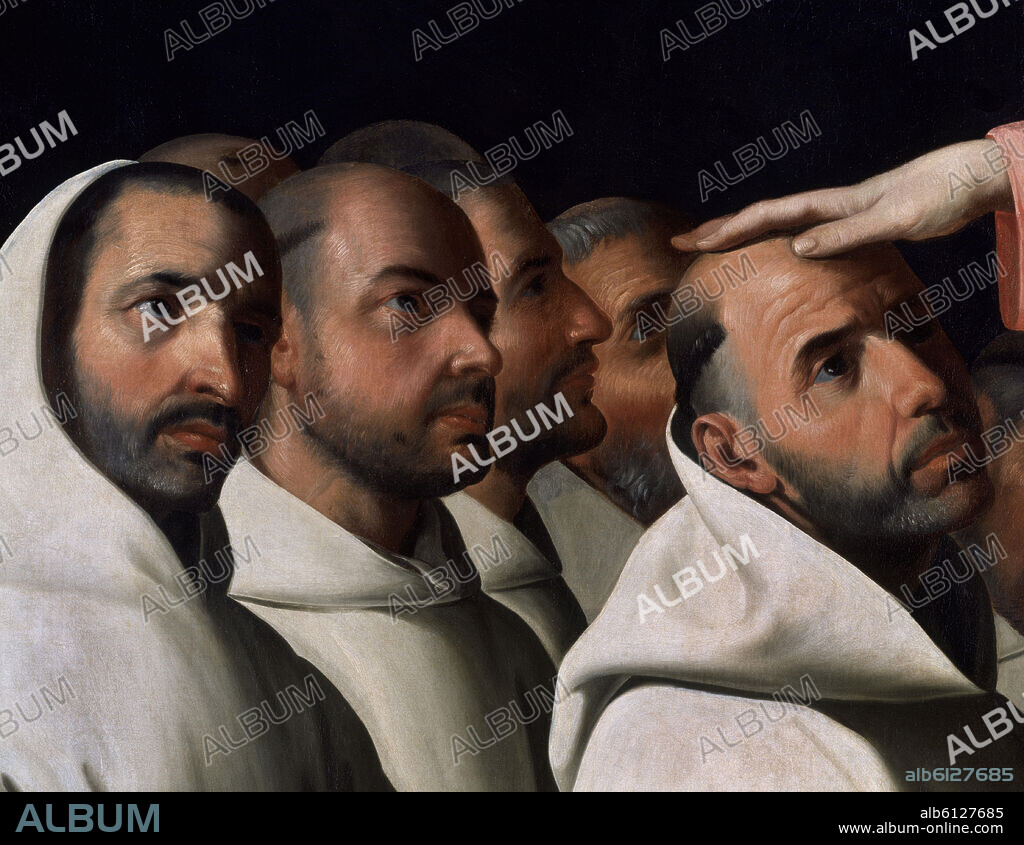 FRANCISCO DE ZURBARAN. VIRGEN DE LAS CUEVAS-DET IZQDO:CARTUJO CON LA MANO DE LA VIRGEN SOBRE EL Y GRUPO DETRAS(CONJ 849).