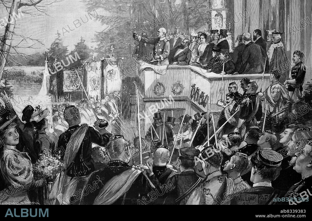 Geburtstagsfeier von Bismarck in Friedrichsruh, Huldigung durch die deutschen Studenten, Otto Eduard Leopold von Bismarck-Schnhausen, ab 1865 Graf von Bismarck-Schnhausen, ab 1871 Fºrst von Bismarck, ab 1890 auch Herzog zu Lauenburg, 1. April 1815 - 30. Juli 1898, war ein deutscher Politiker und Staatsmann / Bismarck's birthday celebration in Friedrichsruh, homage by German students, Otto Eduard Leopold von Bismarck-Schnhausen, from 1865 Count von Bismarck-Schnhausen, from 1871 Prince von Bismarck, from 1890 also Duke of Lauenburg, April 1, 1815 - July 30, 1898, was a German politician and statesman, Historisch, historical, digital improved reproduction of an original from the 19th century / digital restaurierte Reproduktion einer Originalvorlage aus dem 19. Jahrhundert, genaues Originaldatum nicht bekannt,.