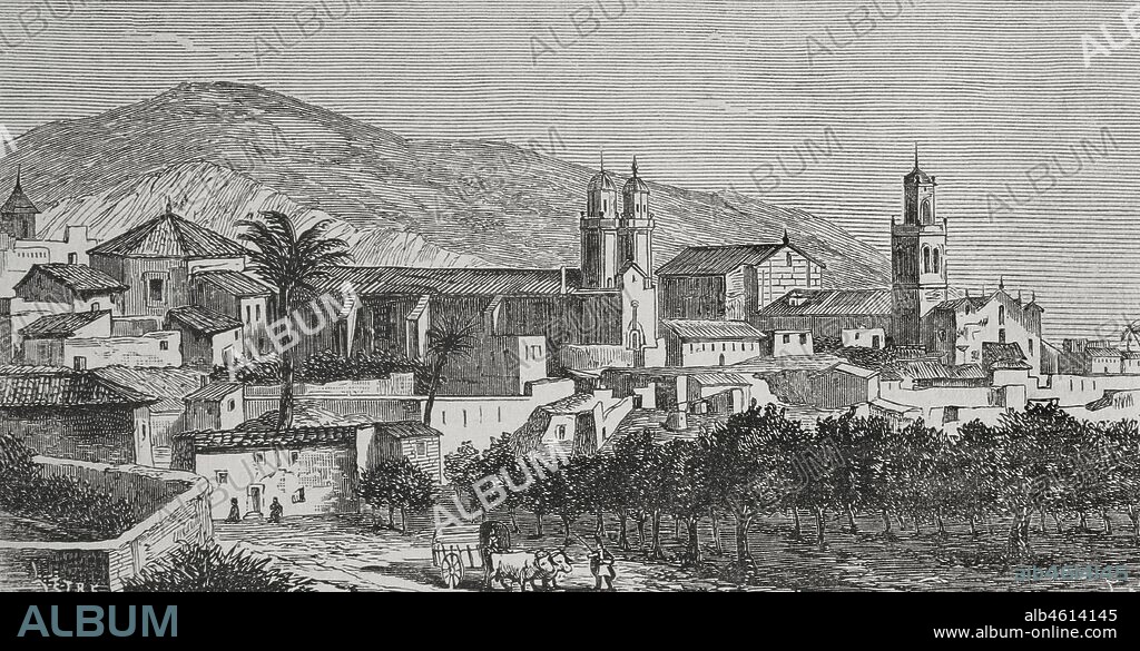 Historia de España. Orihuela. Panorámica de la localidad. Provincia de Alicante. Ilustración por Letre. Grabado por Capuz. Crónica General de España. Historia Ilustrada y Descriptiva de sus Provincias. Tomo Valencia,1867.
