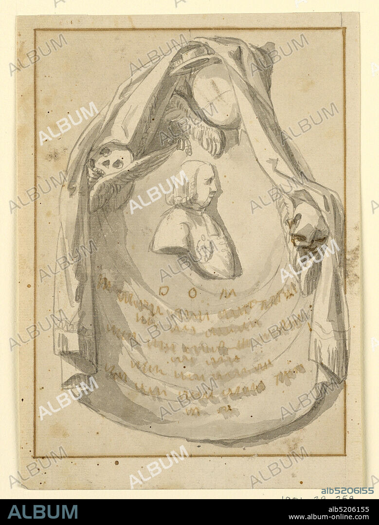 Design of a Sepulcher Monument for a Prelate, Black crayon, brush and ink on paper, Two winged skulls open the sides of a tent-like cloth which is hanging upon a winged coat-of-arms with a prelates head. A bust portrait of a man wearing an order upon his breast. The inscription beginning with DOM is intended to fill the lower part of the cloth., Italy, 17901800, architecture, Drawing, Drawing.