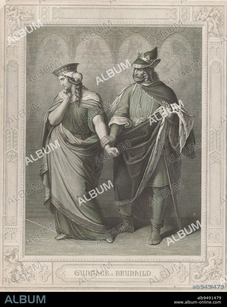 Gunther and Brunhilde, Gunther und Brunhild (title on object)., print maker: Carl Arnold Gonzenbach, (mentioned on object), after painting by: J. v. Schnorr, (mentioned on object), 1860, paper, steel engraving, height 429 mm × width 335 mm.