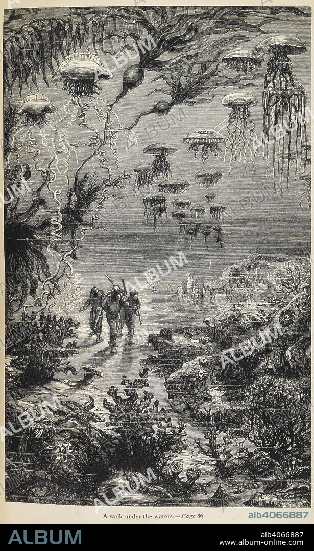 JULES VERNE. "A walk under the sea". Captain Nemo, Professor Pierre Aronnax, and Conseil, walking on the seabed. Twenty thousand Leagues under the Seas. Translated from the French With illustrations. Third edition. London : Sampson Low & Co., 1873. Source: 12516.g.21 opposite 86. Language: English.