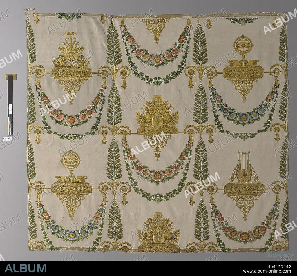 Panel Formerly Part of the Wall Covering in the Deuxième Salon des Grands Appartements of the Palais de Meudon (Château Neuf) (Empire style). Woven by Lacostat et Trollier; France, Lyon. Date: 1808. Dimensions: 203.5 x 219 cm (80 1/8 x 86 1/4 in.). Silk, plain weave with supplementary brocading wefts bound in weft-float faced 1:3 'Z' twill interlacings; six panels joined. Origin: Lyon.