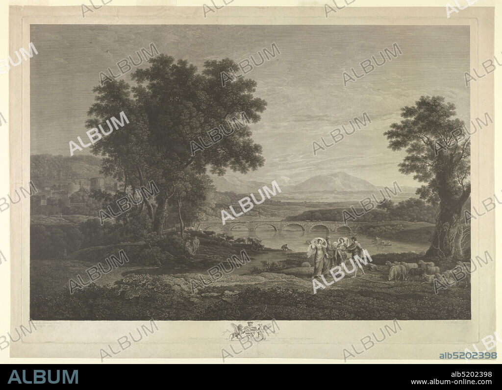 Jacob and Laban (Il Ponti), William Woollett, English, 1735 - 1785, Claude Lorrain, French, 1604 - 1682, Engraving on white paper, A broad landscape, with a river spanned by a seven-arched stone bridge. In the foreground, the schene of Jacob meeting Laban. Below, a coat of arms and engraver's, designer's and publisher's names and dates., England, 1783, figures, Print, Print.
