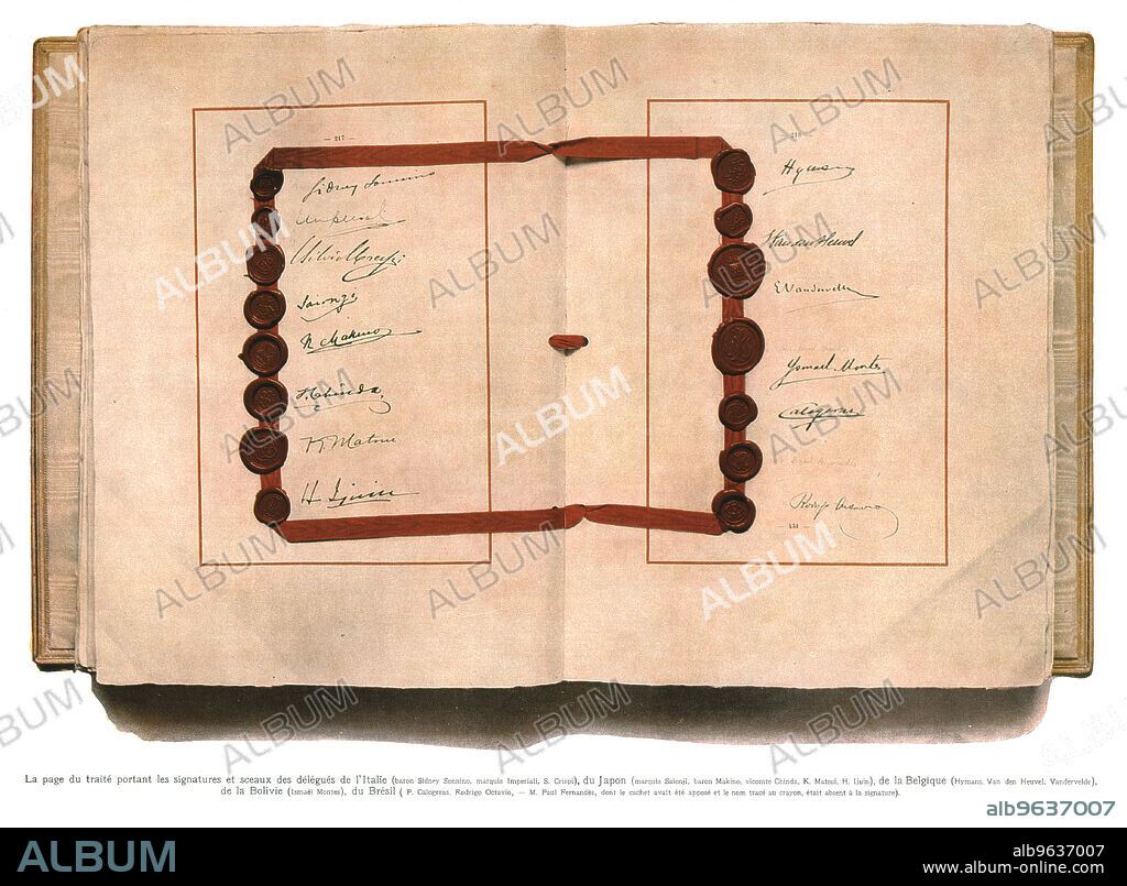 'La signature du traite de paix a Versailles; La page du traite portant les signatures et sceaux des delegues de l'Italie, du Japon, de la Belgique, de la Bolivie, du Brasil', 1919. From "L'Album de la Guerre 1914-1919, Volume 2" [L'Illustration, Paris, 1924].