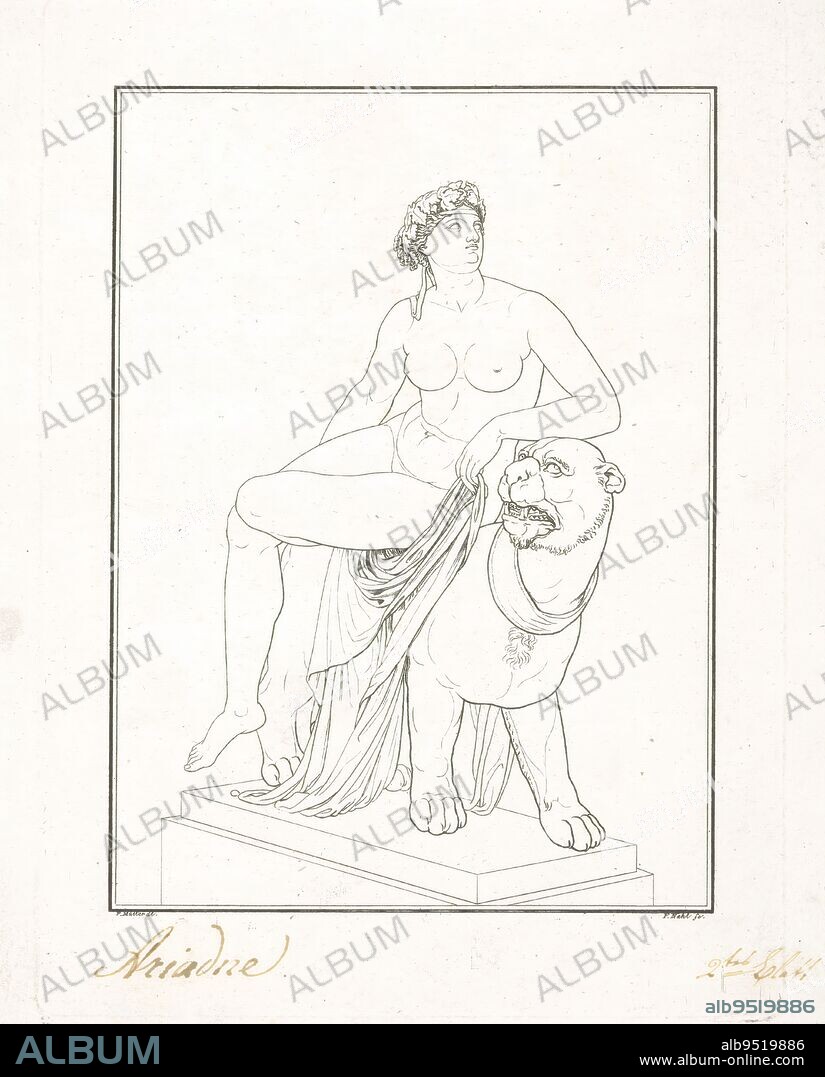 Ariadne sitting on a panther; side view, Views of Heinrich von Dannecker's sculpture of Ariadne on the panther (series title), print maker: Johann August Nahl (II), (mentioned on object), after drawing by: F. Müller, (mentioned on object), after sculpture by: Johann Heinrich von Dannecker, print maker: Germany, after drawing by: Germany, after sculpture by: Stuttgart, 1814, paper, engraving, height 239 mm × width 230 mm, height 254 mm × width 176 mm.