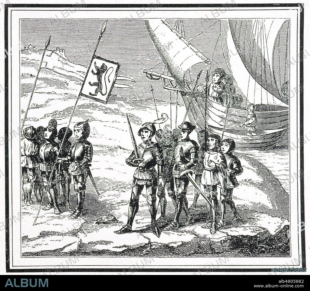 Jean de BETHENCOURT (1360-1425) debarque aux Iles Canaries pensant y retrouver l'Atlantide. Fac simile d'une gravure du 15eme siecle, tire de Je Sais Tout, 1923. Credit : Collection KHARBINE-TAPABOR.