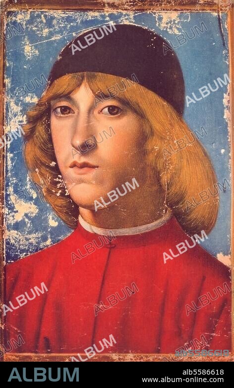 Medici, Piero di Lorenzo de' M., genannt il Fatuo. 1471 - 28.12.1503. "Bildnis eines jungen Mannes" (Piero di Lorenzo de Medici (?) ). Miniatur, 1488, von Gherardo di Giovanni del Fora. (um 1444/45 - 1497). Auf Pergament in einer gedruckten Homer-Ausgabe, fol. 2 v, 21 × 33 cm. Inv. SQ XX III K22. Neapel, Biblioteca Nazionale.