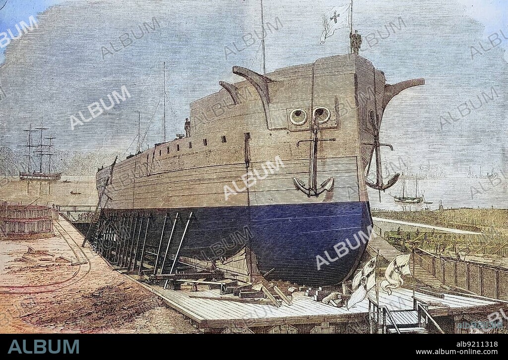 The ironclad Frederick the Great on the stack in the shipyard of Kiel, Germany, Historic, digitally restored reproduction of a 19th century original
