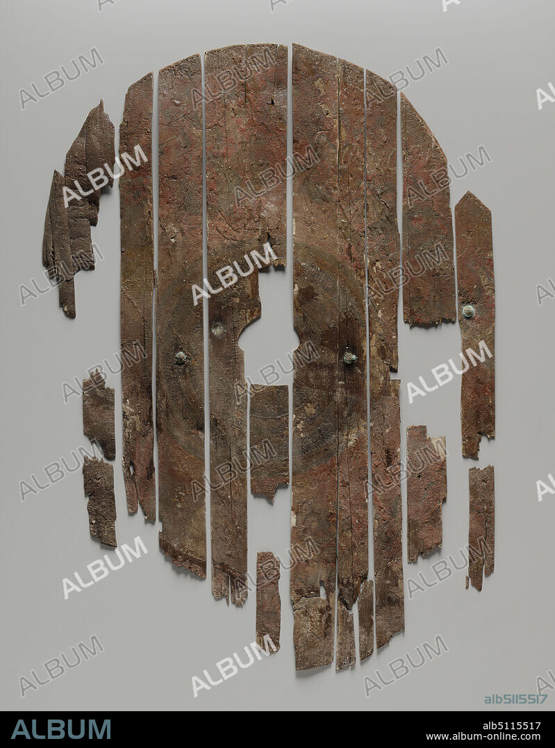 Shield painted with two scenes from Iliad, mid-3rd century A.D., Poplar planks and pigment, Yale-French Excavations at Dura-Europos, Excavated in Dura-Europos, Syria, Syrian, Dura-Europos, Greco-Roman or Parthian, Arms and Armor.