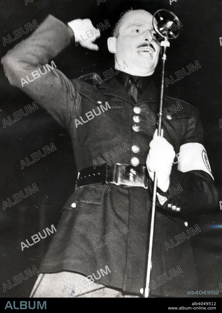 Sir Oswald Mosley addressing a Blackshirt meeting in the East End of London, 1936.