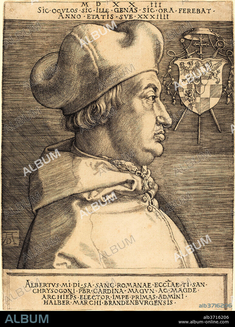 ALBERTO DURERO. Cardinal Albrecht of Brandenburg ("Large Cardinal"). Dated: 1523. Dimensions: sheet (trimmed to plate mark): 16.9 x 12.6 cm (6 5/8 x 4 15/16 in.). Medium: engraving.