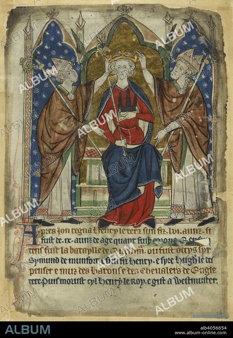 Coronation of Henry III. Miscellaneous chronicles. circa 1280-1300. Source: Cotton Vitellius A. XIII, f.6. Language: Anglo-French.