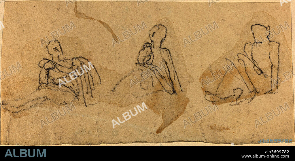 JOHN FLAXMAN. Three Seated Figures. Dimensions: overall: 6.1 x 12.4 cm (2 3/8 x 4 7/8 in.). Medium: graphite.