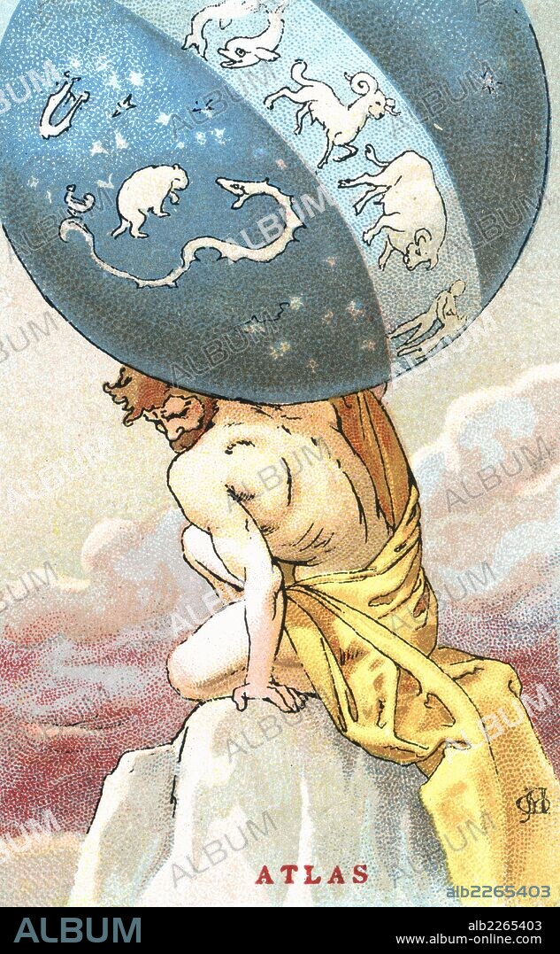 APEL·LES MESTRES I OÑÓS. Mitología. Atlas o Atlante, hijo de Urano, joven titán condenado por Zeus a cargar sobre sus hombros los pilares que separan la Tierra y el Cielo. Años 1920.