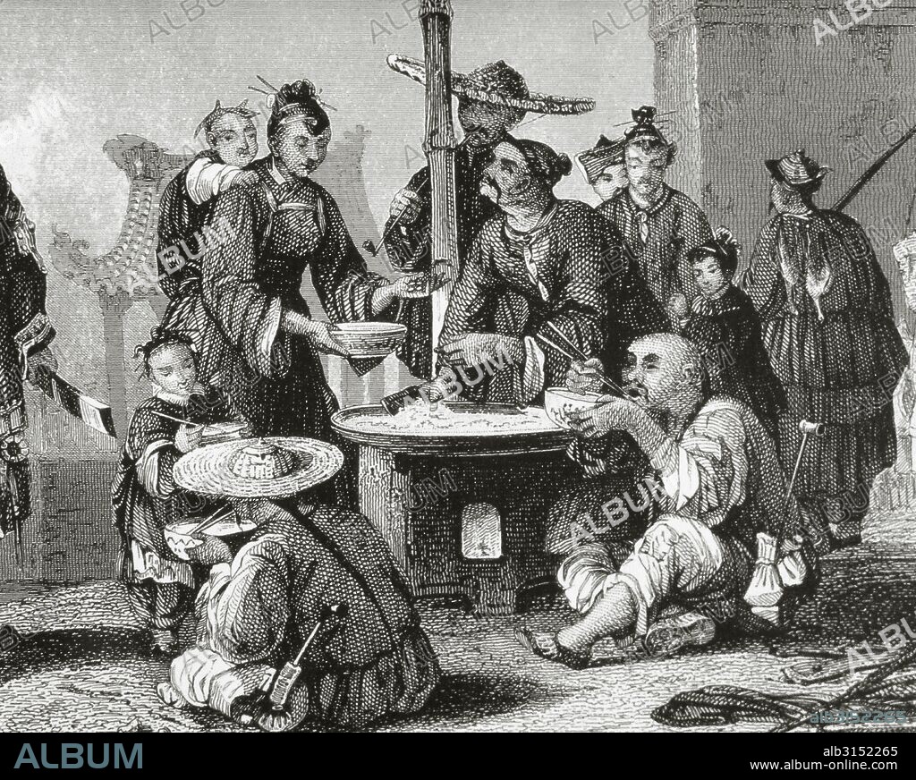 HISTORIA DE CHINA. EDAD MODERNA. Familia humilde comiendo arroz. Grabado.