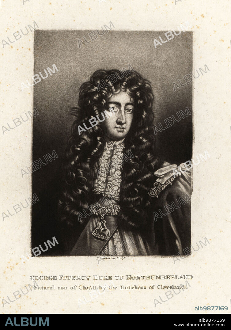 George Fitzroy, 1st Duke of Northumberland, 2nd creation, 1665-1716. Illegitimate son of King Charles II and Barbara Villiers, Duchess of Cleveland. Mezzotint engraving by Robert Dunkarton after a portrait by Willem Wissing from Richard Earlom and Charles Turner's Portraits of Characters Illustrious in British History Engraved in Mezzotinto, published by S. Woodburn, London, 1814.