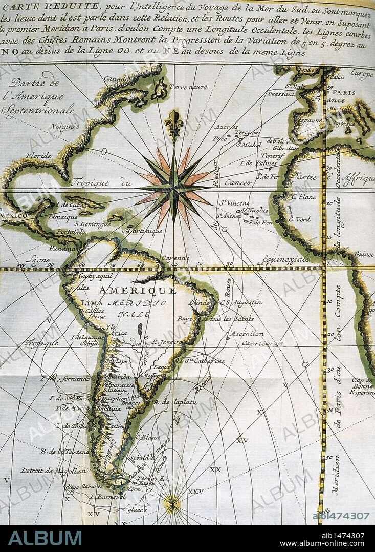 CONTINENTE AMERICANO. SIGLO XVIII. Vista del Oceano Atlantico desde Terranova hasta el Cabo de Hornos al Sur. Viaje a los Mares del sur y a las costas de Chile y Perú en los años 1712, 1713 y 1714. Mapa dibujado en 1713 durante los viajes de Amedee-François Frezier (1682-1773). Editado en París, 1716. Biblioteca de Cataluña. Barcelona. España.