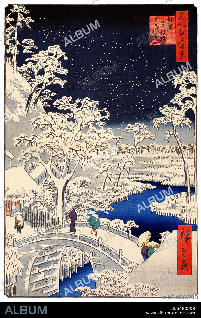 Hiroshige's One Hundred Famous Views of Edo, actually composed of 118 woodblock landscape and genre scenes of mid-19th century Tokyo, is one of the greatest achievements of Japanese art. The series includes many of Hiroshige's most famous prints. It represents a celebration of the style and world of Japan's finest cultural flowering at the end of the Tokugawa Shogunate. The winter group, numbers 99 through 118, begins with a scene of Kinryuzan Temple at Akasaka, with a red-on-white color scheme that is reserved for propitious occasions. Snow immediately signals the season and is depicted with particular skill: individual snowflakes drift through the gray sky, while below, on the roof of a distant temple, dots of snow are embossed for visual effect. Utagawa Hiroshige (1797 October 12, 1858) was a Japanese ukiyo-e artist, and one of the last great artists in that tradition. He was also referred to as Andi Hiroshige (an irregular combination of family name and art name) and by the art name of Ichiyusai Hiroshige.