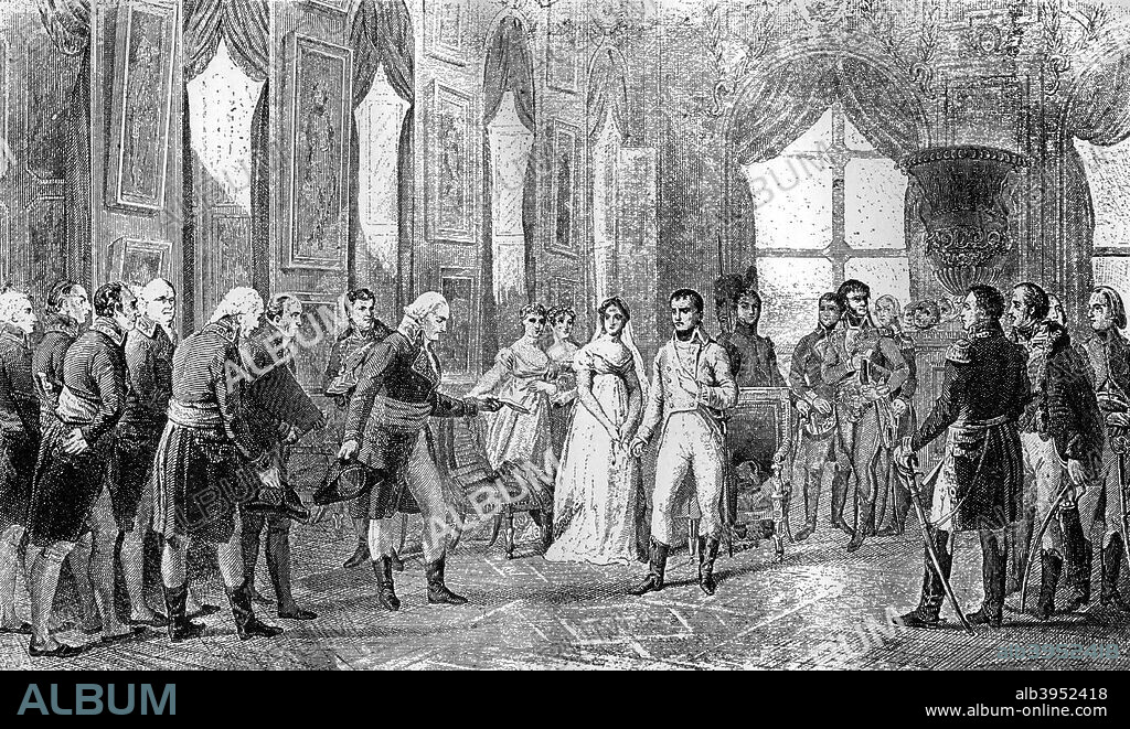 Napoleon Bonaparte is proclaimed Emperor of the French at Saint-Cloud, 18th May 1804 (1882-1884). In 1799 Napoleon led a coup to overthrow the government, the Directory, and became first consul and effective dictator of France. In 1804, he declared himself Emperor. A print from La France et les Français à Travers les Siècles, Volume IV, F Roy editor, A Challamel, Saint-Antoine, 1882-1884.