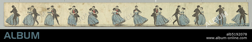 Zoetrope Strip, Dancers, Lithograph on paper, Strip with printed cartoon featuring a man and woman dancing in elegant costume. When viewed in a circular, perforated tin zoetrope, illusion of animation creates a moving picture of twirling dancers., England, United Kingdom, ca. 1860, toys & games, Print, Print.