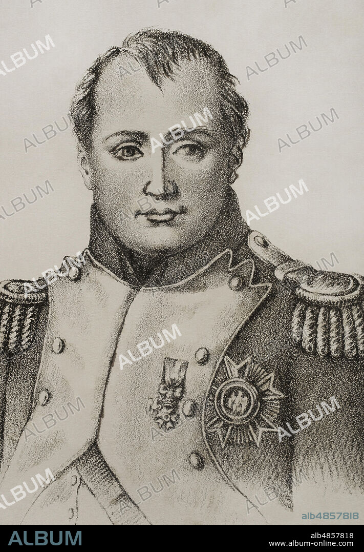 Napoleón Bonaparte (1769-1821). Militar y estadista francés. Cónsul vitalicio y Emperador de Francia (1804-1815). Retrato. Historia del Levantamiento, Guerra y Revolución de España, por el Conde de Toreno. Madrid,1852.