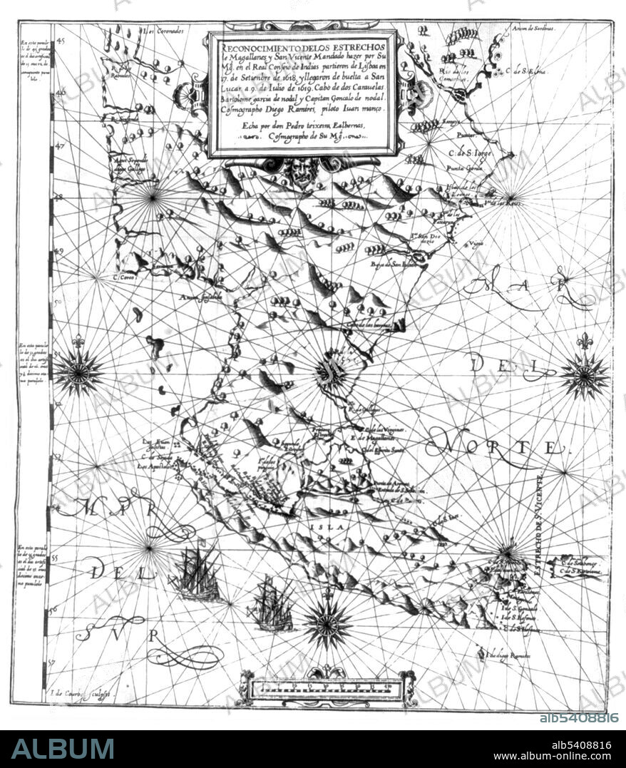 Entitled: "Map of the Strait of Magellan." The Strait of Magellan (Estrecho de Magallanes), also called the Straits of Magellan, is a navigable sea route separating mainland South America to the north and Tierra del Fuego to the south. Ferdinand Magellan (1480 - April 27, 1521), a Portuguese explorer and navigator in the service of Charles I of Spain, became the first European to navigate the strait in 1520 during his global circumnavigation voyage. The strait is the most important natural passage between the Atlantic and Pacific oceans. It is considered a difficult route to navigate due to the narrowness of the passage and unpredictable winds and currents. It is shorter and more sheltered than the often stormy Drake Passage. Along with the narrow and sometimes treacherous Beagle Channel, these were the only three sea routes between these two oceans until the construction of the Panama Canal. Relacion del viaj´e qve por orden de Sv Mag.d y acverdo del Real consejo de Indias (Madrid, 1621).