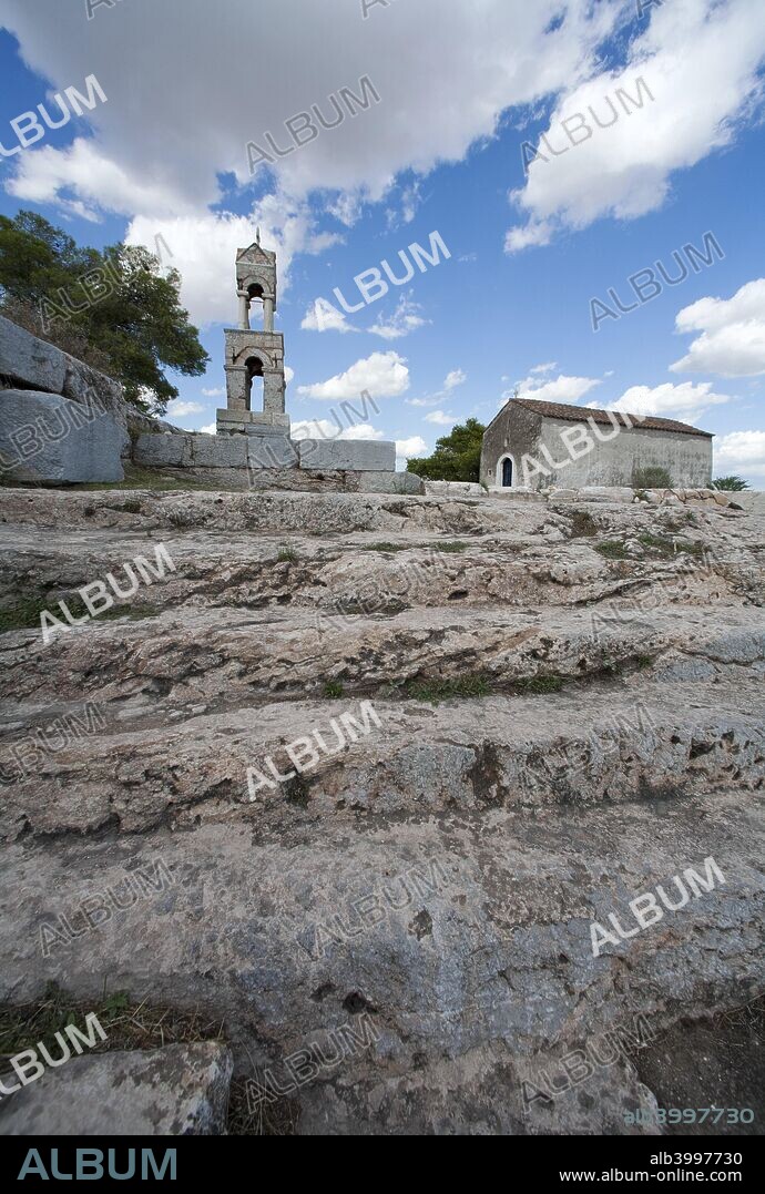 Temple L of the acropolis in Eleusis, Greece. Ancient Eleusis lies within the present-day industrial town of Elevsis (Elefsina) in Greece.