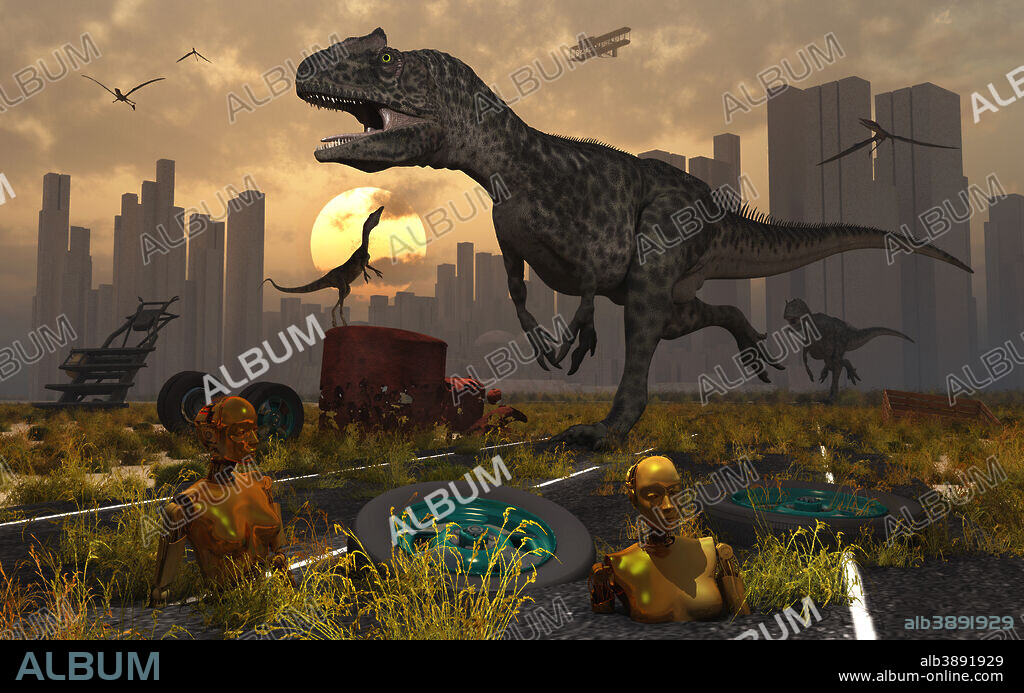There is said to be a spot on Route 66 where the past, present and future co-exist in a bizarre and surreal time-line. Allosaurus dinosaurs run wild, robotic androids melt into the highway, and the Kittyhawk takes to the sky with Eudimorphodon dinosaurs.