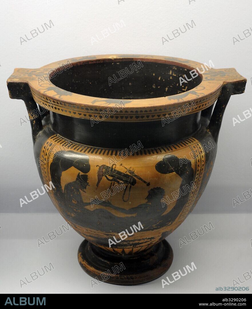 Crátera griega con la representación del héroe Hércules y el Dios Hermes en un banquete en una cueva. 510-500 a. C. Realizada en Atenas. Obra del pintor de Rycroft. Cerámica. Figuras negras. Museo Arqueológico Nacional. Nápoles. Italia.